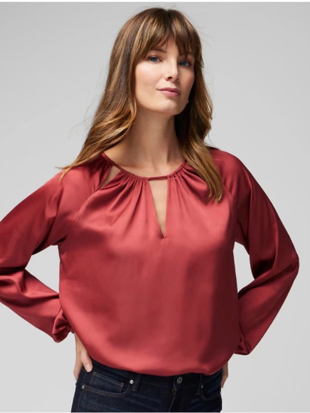 Satin Keyhole Long-Sleeve Blouse - NWT